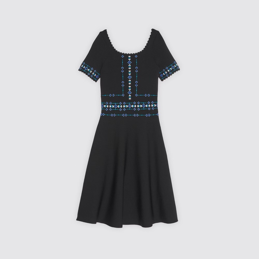 Sandro Paris A-Line Dress with Blue Embroidery and Beads